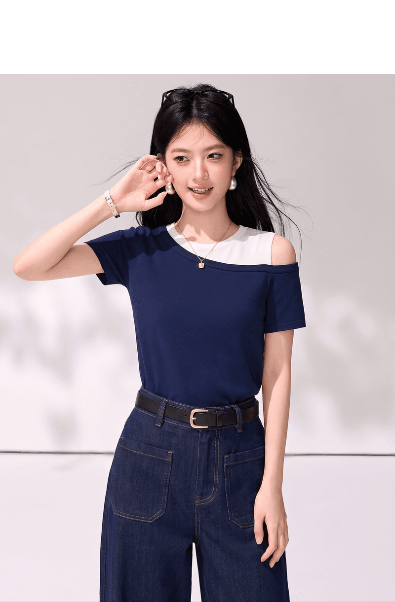 실사 디자인 센스 배색 페이크 레이어드 오프숄더 반팔 티셔츠 여성 여름 패션 다용도 슬림해 보이는 비스듬한 어깨 의류 상세 이미지 3