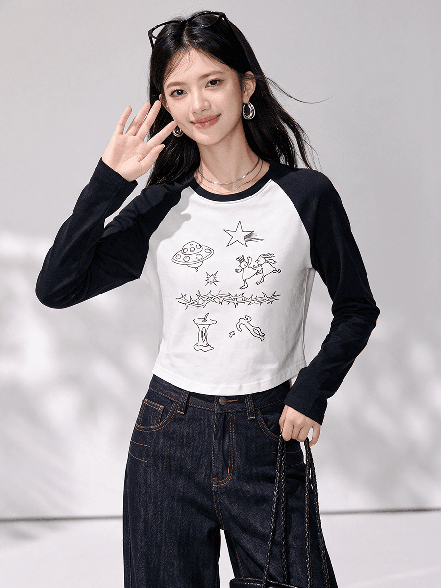 실사 낙서 프린트 배색 긴팔 티셔츠 여성 아메리칸 레트로 스타일 삽입 어깨 소매 인사이드 가져 가라. 슬림해 보이는 쇼트 스타일 맨위 이미지 3
