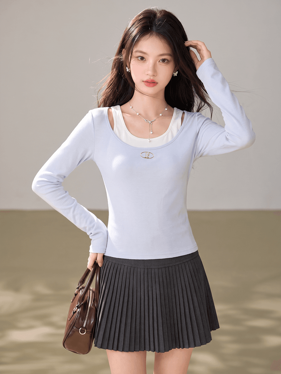 실사 한 부서 페이크 레이어드 홀로우 아웃 오프숄더 긴팔 티셔츠 여성 이른 가을 몸매 가꾸기 슬림해 보이는 디자인 센스 인사이드 잡아라. 의류 이미지 5