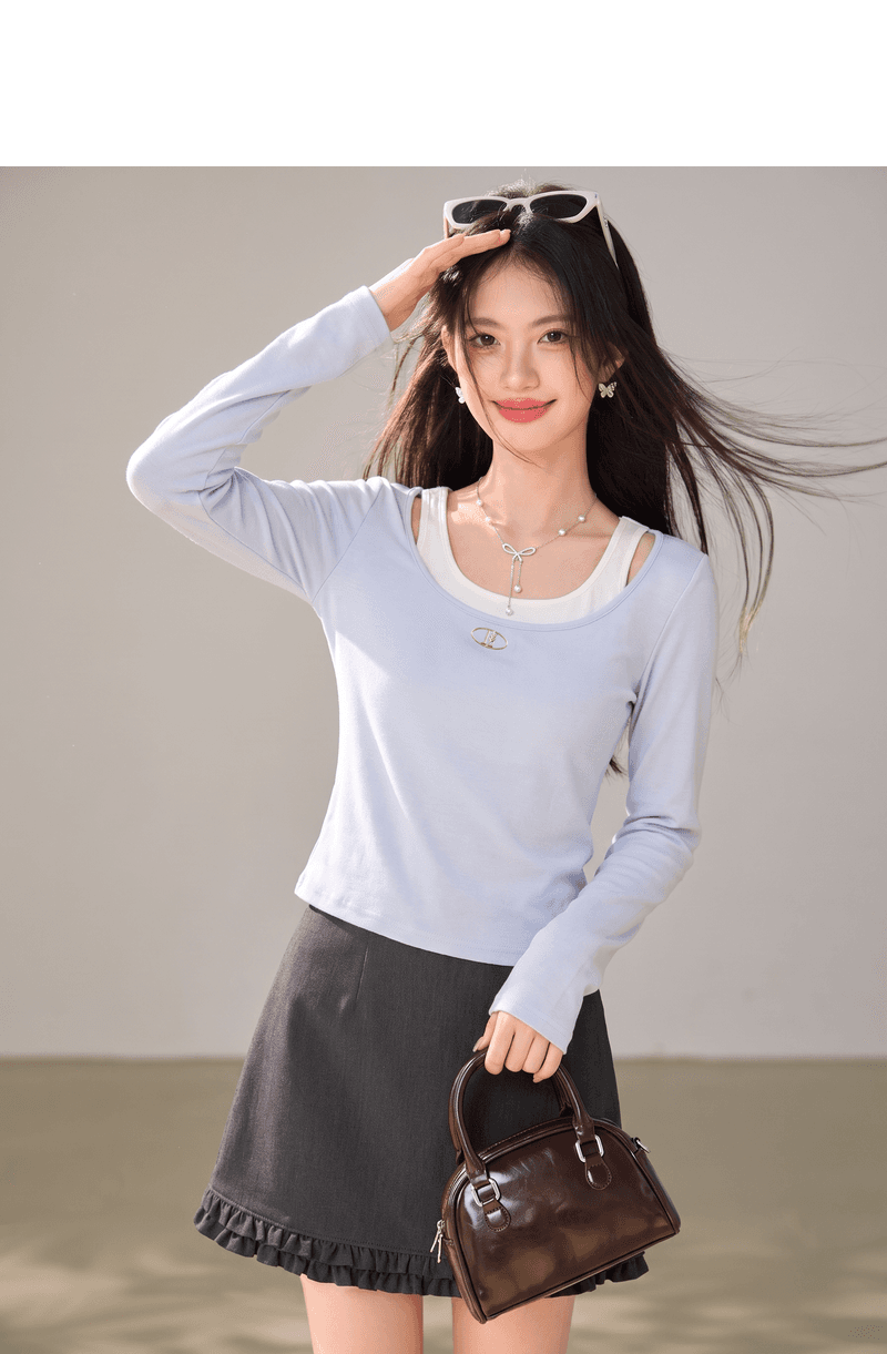 실사 한 부서 페이크 레이어드 홀로우 아웃 오프숄더 긴팔 티셔츠 여성 이른 가을 몸매 가꾸기 슬림해 보이는 디자인 센스 인사이드 잡아라. 의류 상세 이미지 5