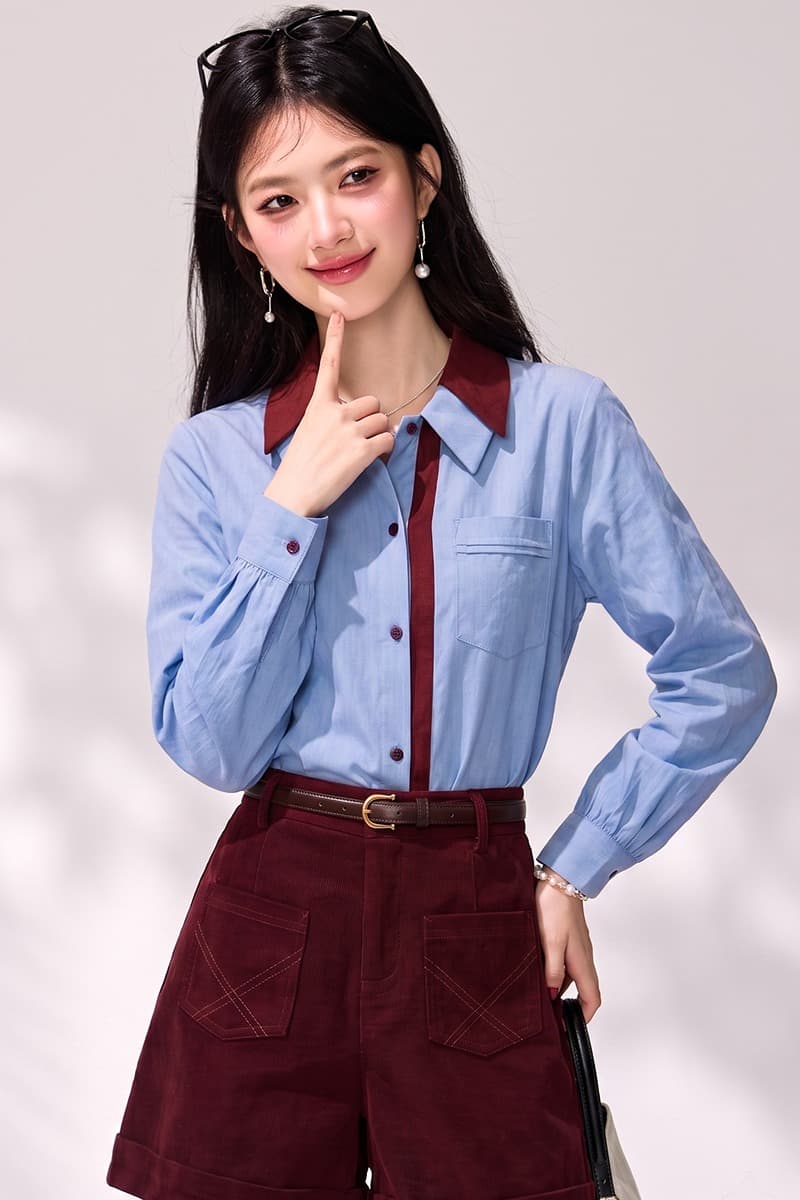 실사 빨간색 블루 배색 디자인 센스 셔츠 여성 긴 소매 2026 가을 겨울철 루즈핏 스택 착용 셔츠 인사이드 가져 가라. 이미지 7