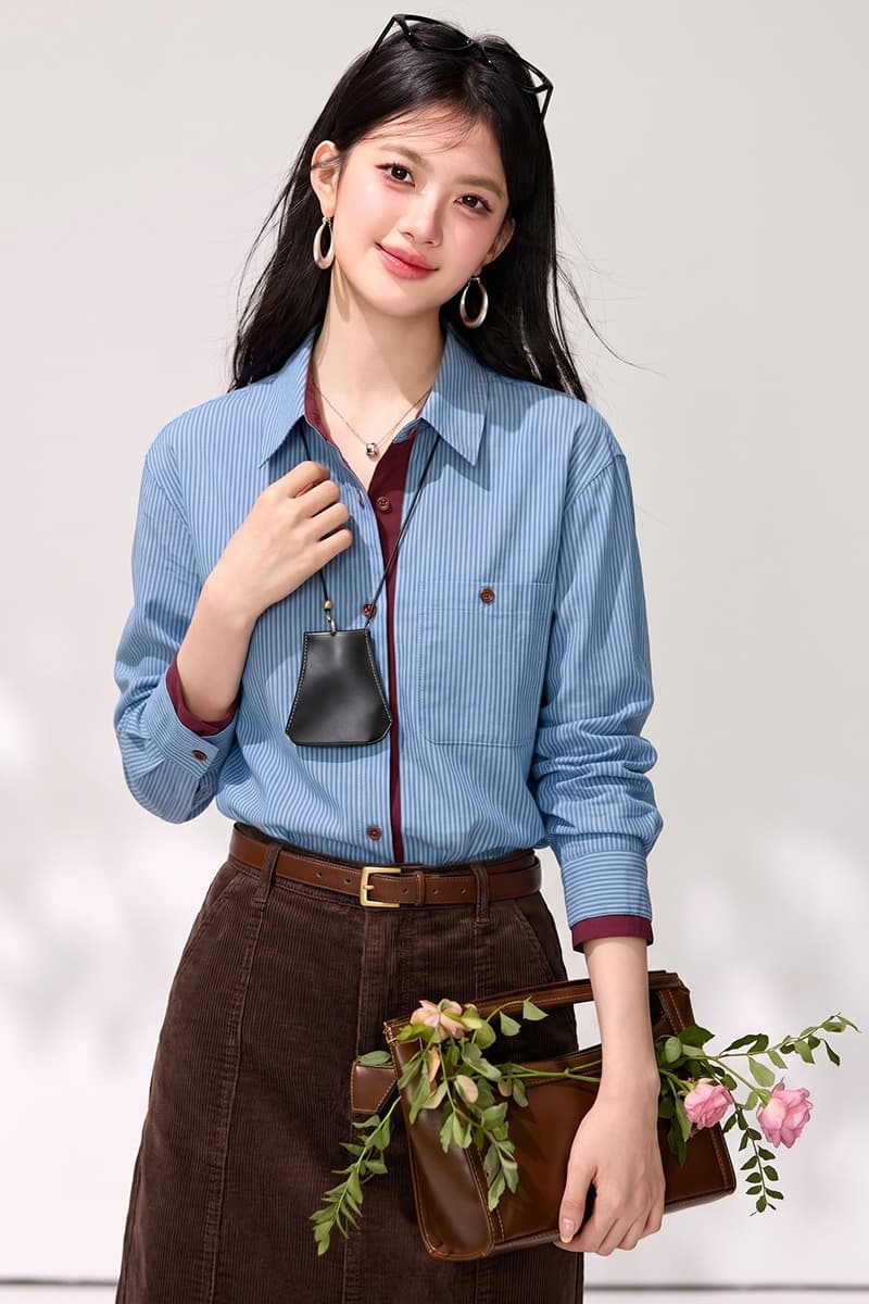 실사 프랑스식 디자인 센스 배색 스트라이프 여성 셔츠 가을 새로운 캐주얼 품격 스택 착용 긴팔 맨위 이미지 7