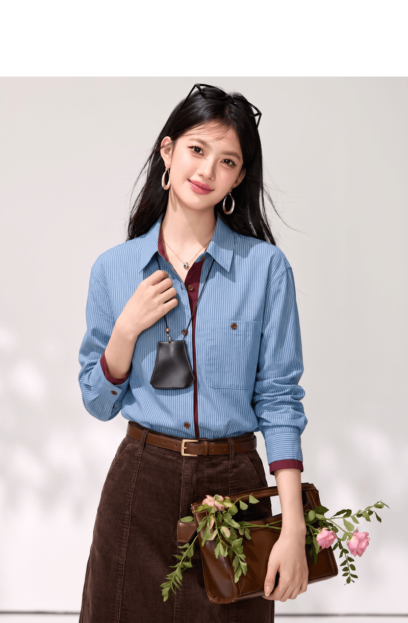 실사 프랑스식 디자인 센스 배색 스트라이프 여성 셔츠 가을 새로운 캐주얼 품격 스택 착용 긴팔 맨위 상세 이미지 2