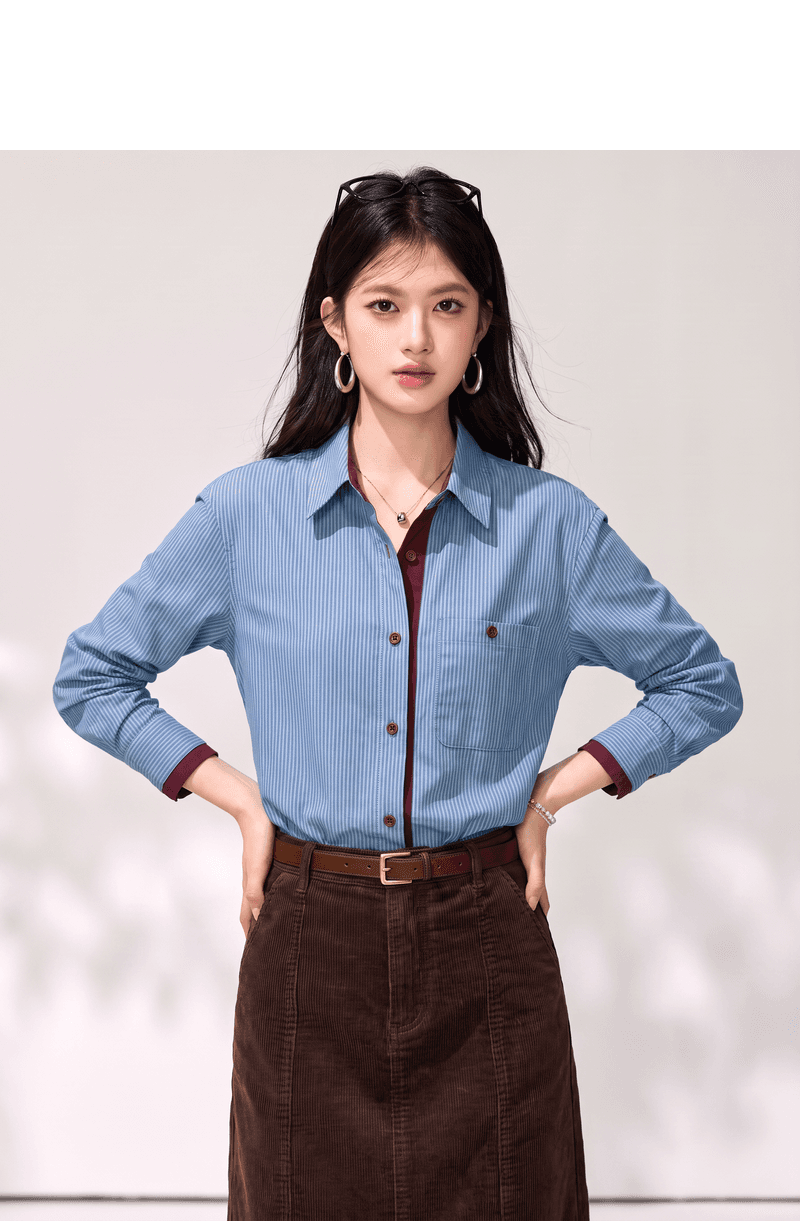 실사 프랑스식 디자인 센스 배색 스트라이프 여성 셔츠 가을 새로운 캐주얼 품격 스택 착용 긴팔 맨위 상세 이미지 4