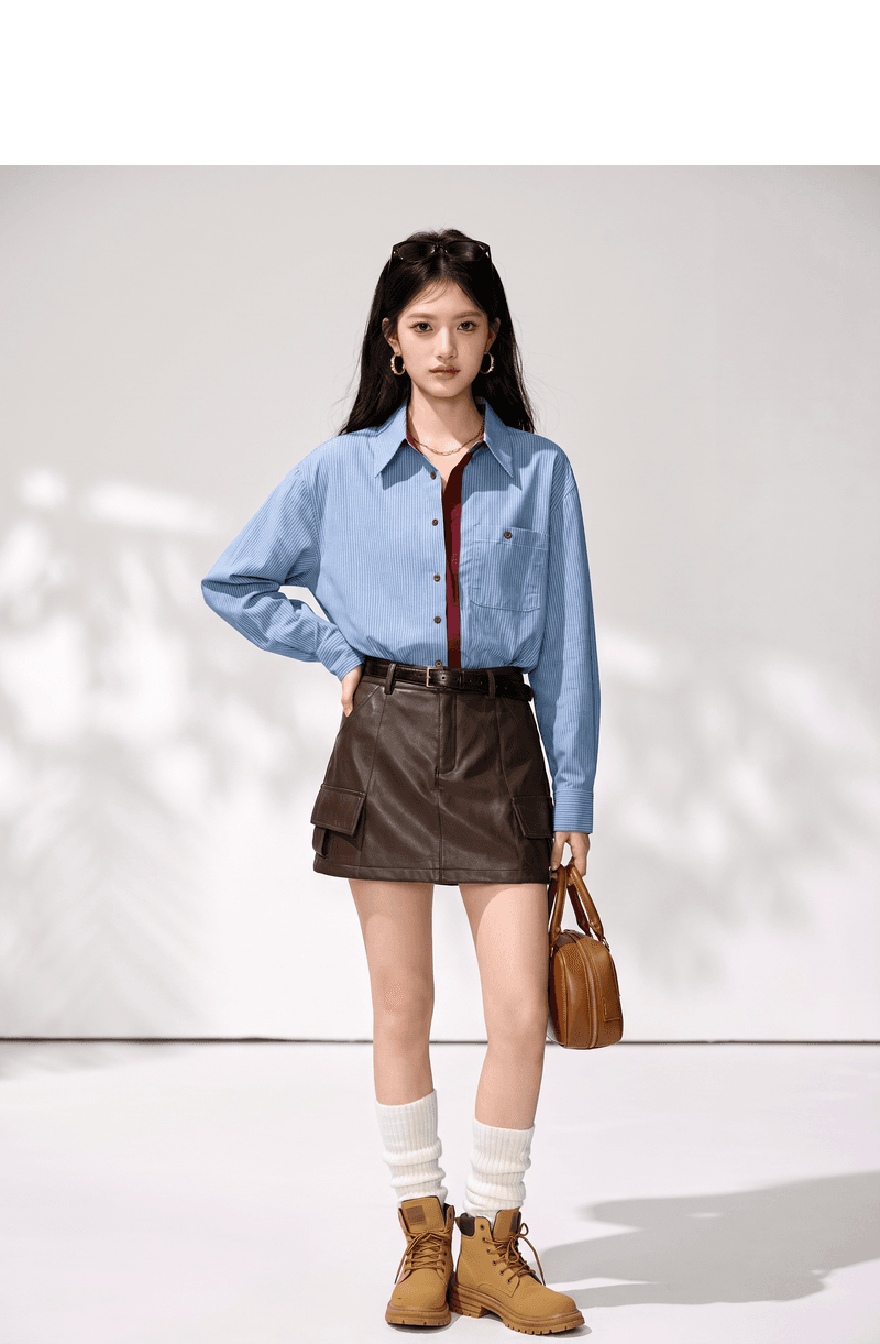 실사 프랑스식 디자인 센스 배색 스트라이프 여성 셔츠 가을 새로운 캐주얼 품격 스택 착용 긴팔 맨위 상세 이미지 6