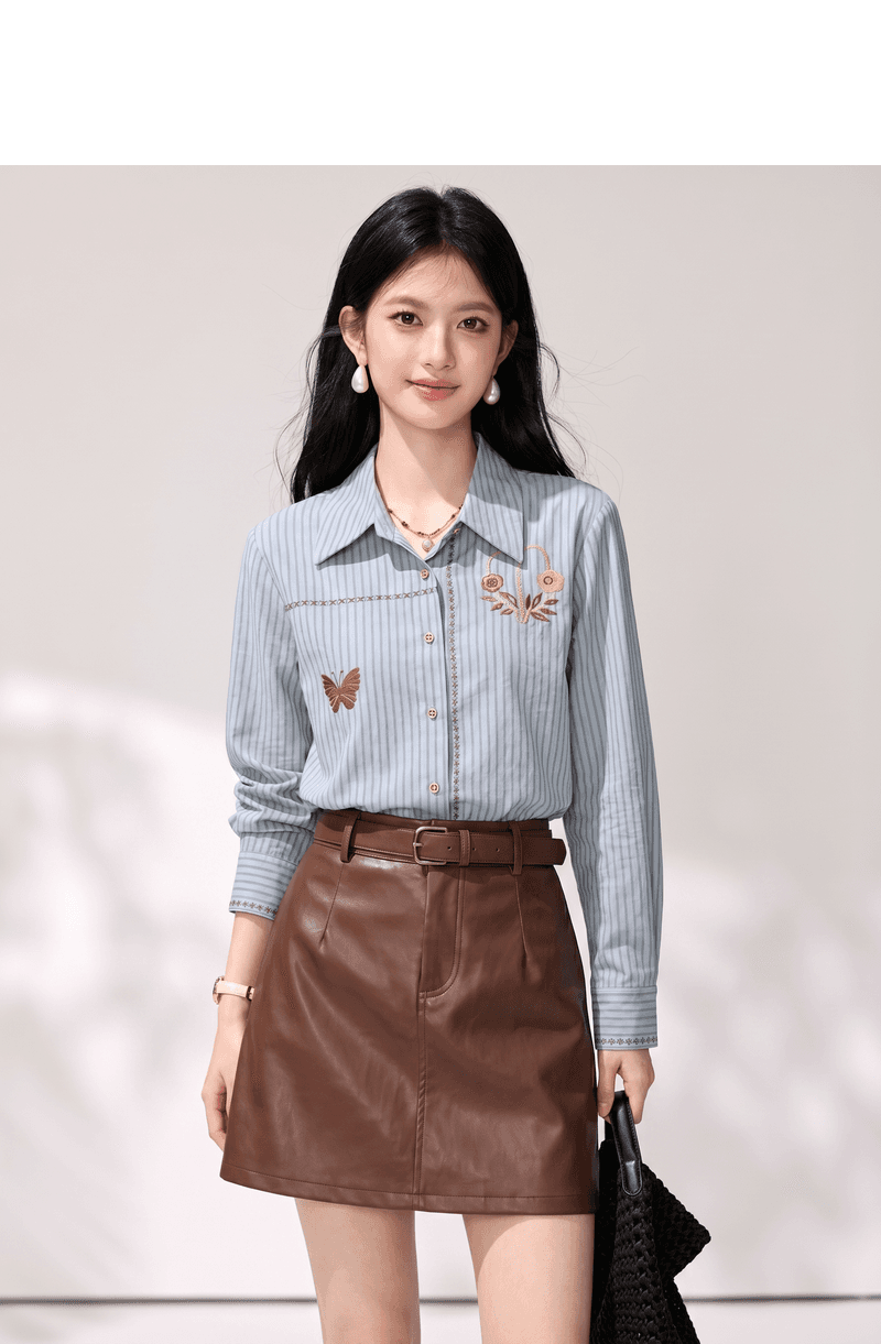 실사 한 부서 레트로 스트라이프 자수 여성 셔츠 이른 가을 미니멀리즘 다용도 긴팔 품격 인사이드 잡아라. 의류 슬림해 보이는 상세 이미지 2
