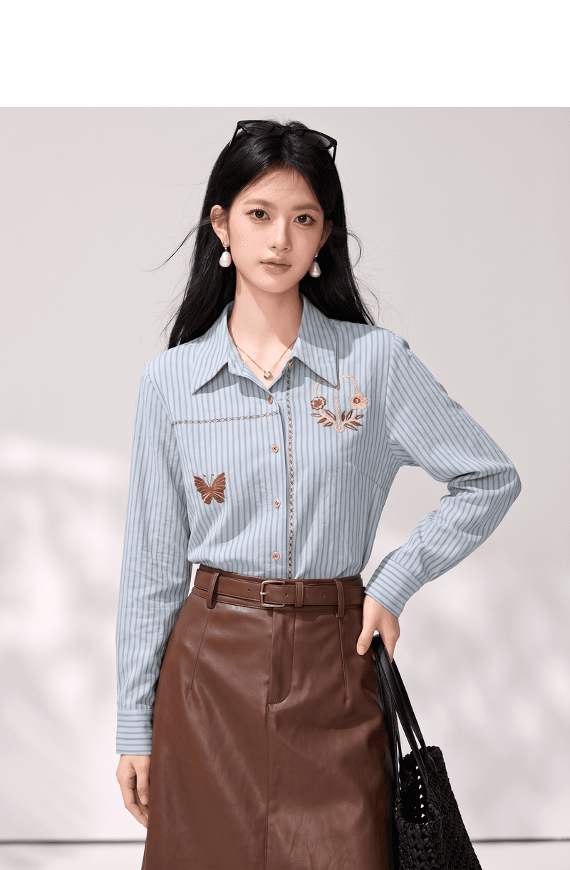 실사 한 부서 레트로 스트라이프 자수 여성 셔츠 이른 가을 미니멀리즘 다용도 긴팔 품격 인사이드 잡아라. 의류 슬림해 보이는 상세 이미지 7