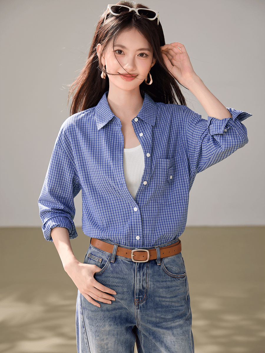 실사 miu 부서 격자 무늬 셔츠 맨위 여성 얇은 스타일 긴팔 가을 루즈핏 스택 착용 캐주얼 품격 긍정적 인 어깨 셔츠 이미지 2