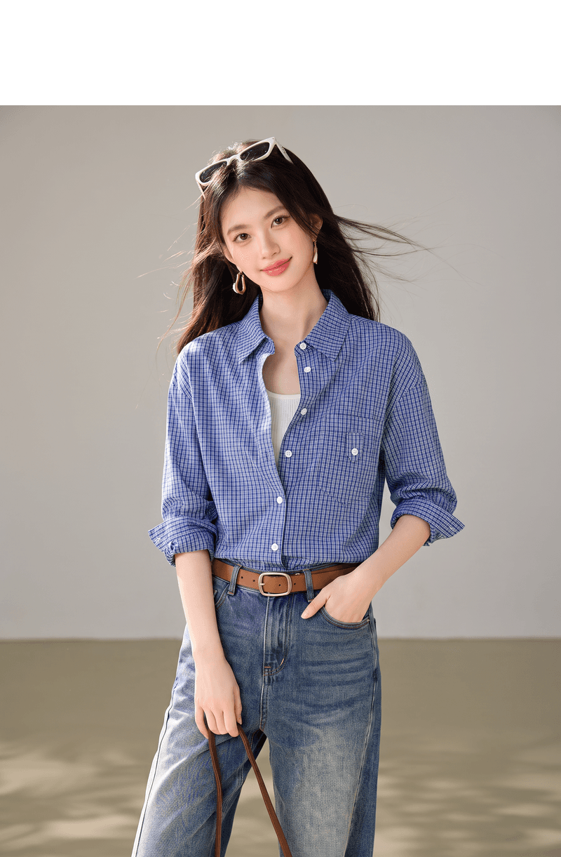 실사 miu 부서 격자 무늬 셔츠 맨위 여성 얇은 스타일 긴팔 가을 루즈핏 스택 착용 캐주얼 품격 긍정적 인 어깨 셔츠 상세 이미지 3