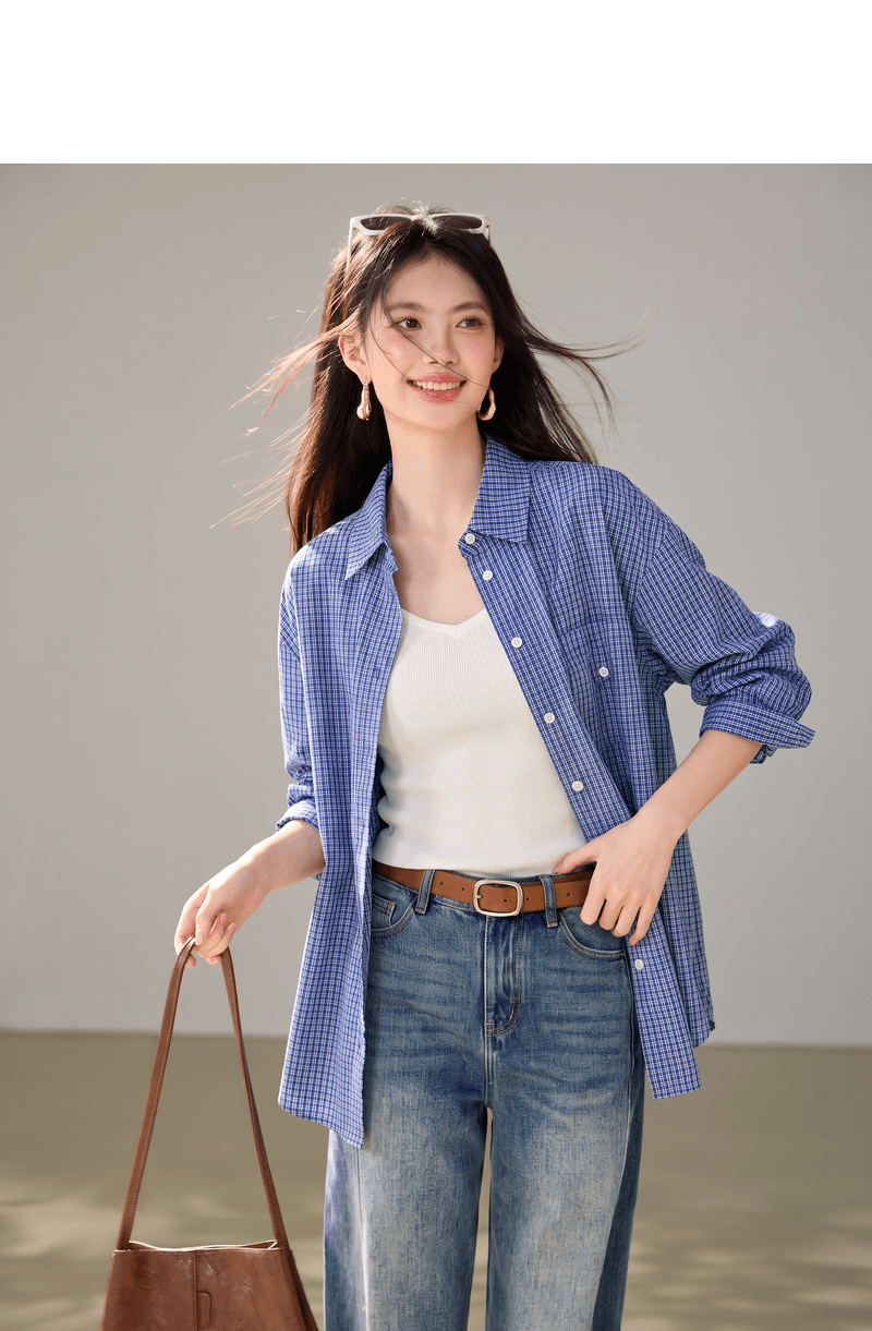 실사 miu 부서 격자 무늬 셔츠 맨위 여성 얇은 스타일 긴팔 가을 루즈핏 스택 착용 캐주얼 품격 긍정적 인 어깨 셔츠 상세 이미지 4