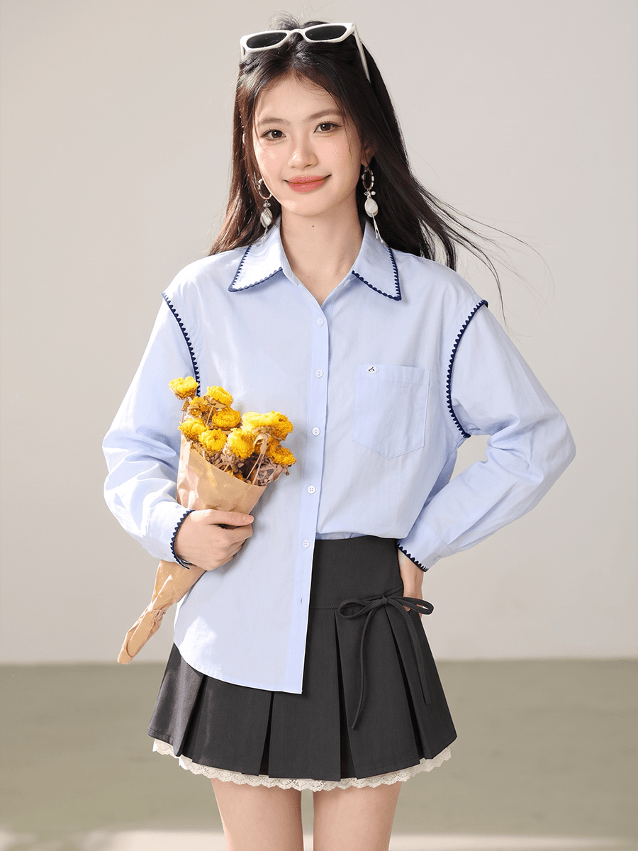 실사 한 부서 학원 스타일 폴로 칼라 긴팔 여성 셔츠 가을 새로운 루즈핏 출퇴근 작은 대중 Chic 배색 맨위 이미지 5
