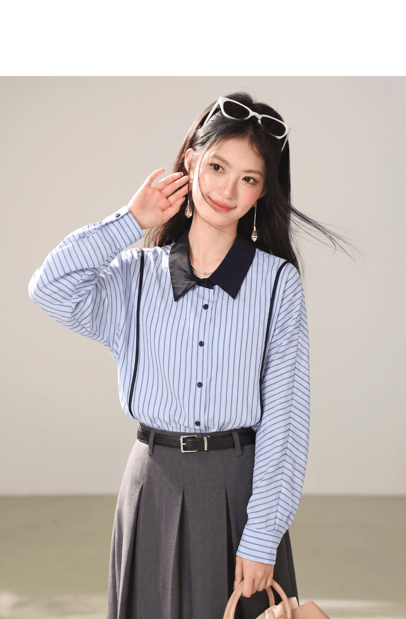 실사 2026 년 이른 가을 프랑스식 배색 스트라이프 셔츠 여성 긴 소매 폴로 칼라 루즈핏 슬림해 보이는 품격 맨위 서비스 상세 이미지 4