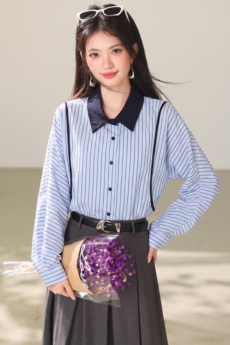 실사 2026 년 이른 가을 프랑스식 배색 스트라이프 셔츠 여성 긴 소매 폴로 칼라 루즈핏 슬림해 보이는 품격 맨위 서비스 이미지 7