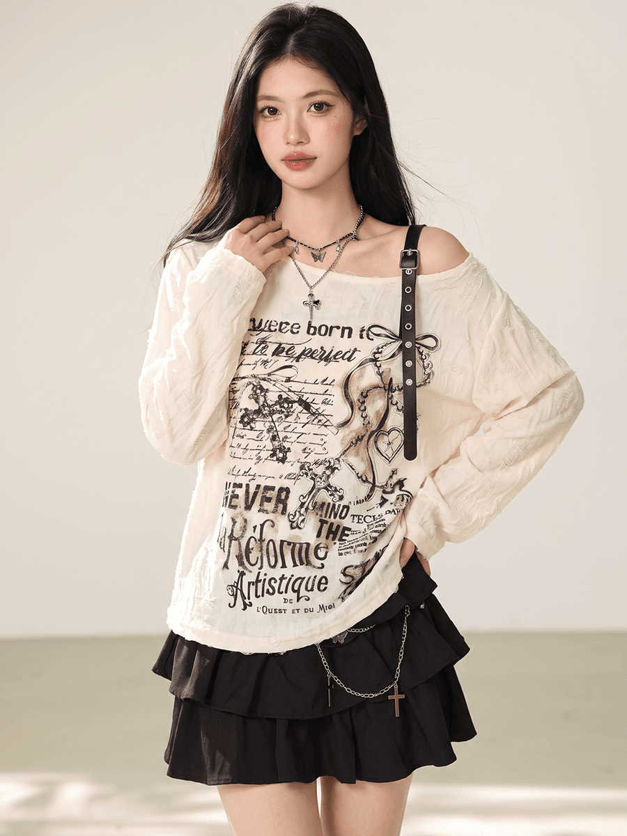 실사 y2k 핫걸 달콤한 차가운 비스듬한 칼라 오프숄더 블라우스 티셔츠 여성 이른 가을 디자인 센스 찢어진 부분 자외선 차단 긴팔 맨위 이미지 3