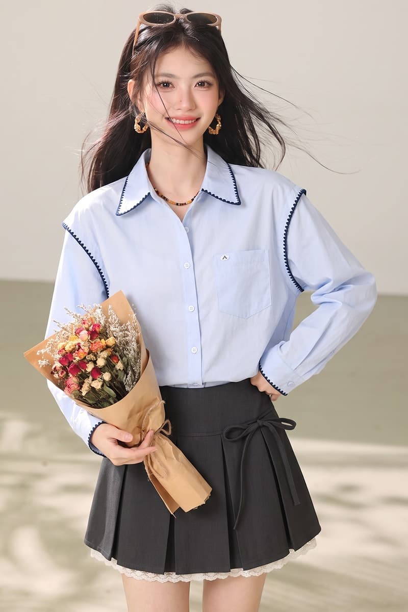 실사 한 부서 학원 스타일 폴로 칼라 긴팔 여성 셔츠 가을 새로운 루즈핏 출퇴근 작은 대중 Chic 배색 맨위 이미지 7
