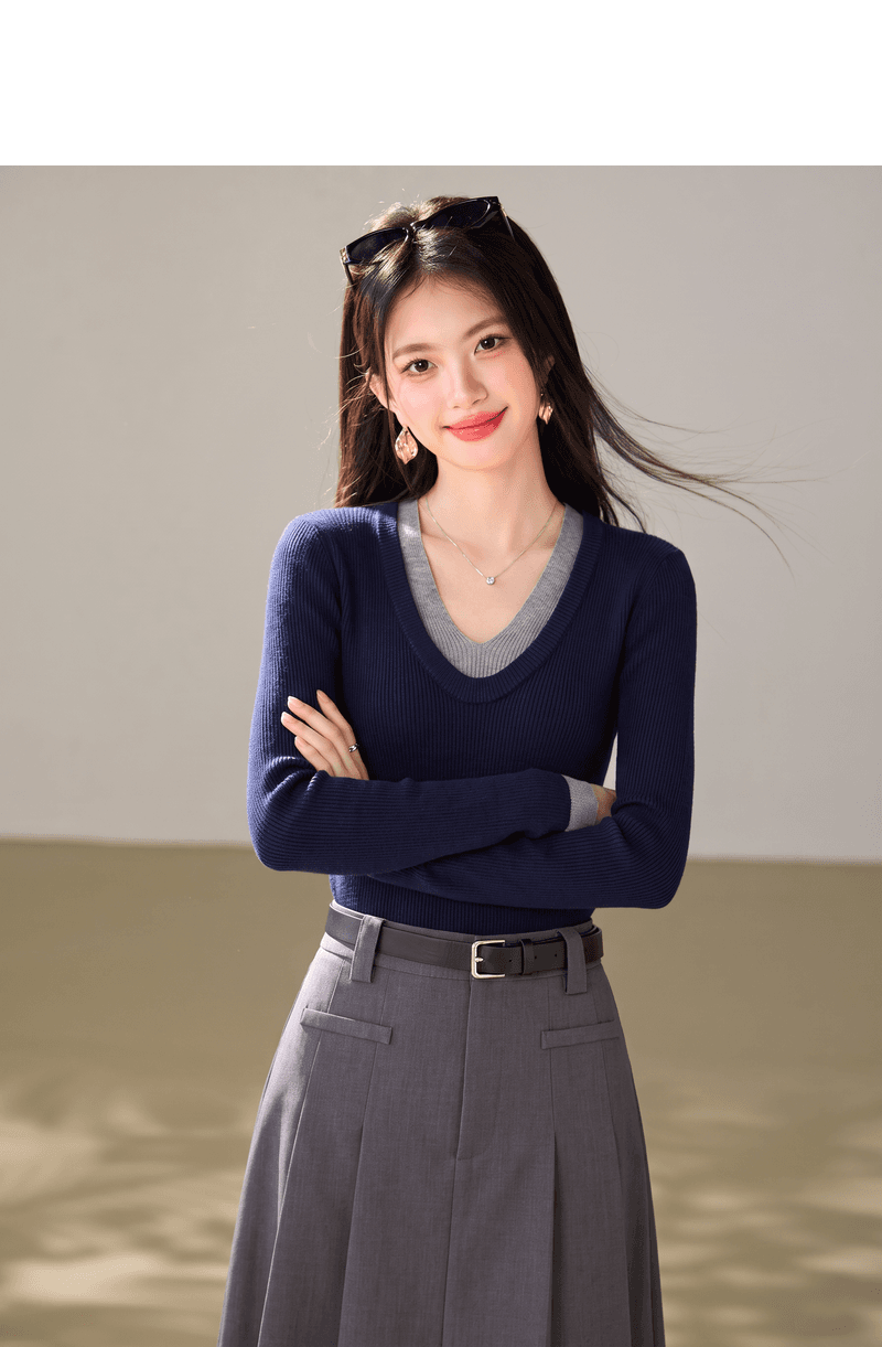 실사 페이크 레이어드 배색 V넥 니트 스웨터 여성 이른 가을 새로운 몸매 가꾸기 슬림해 보이는 기본 셔츠 긴팔 맨위 상세 이미지 4