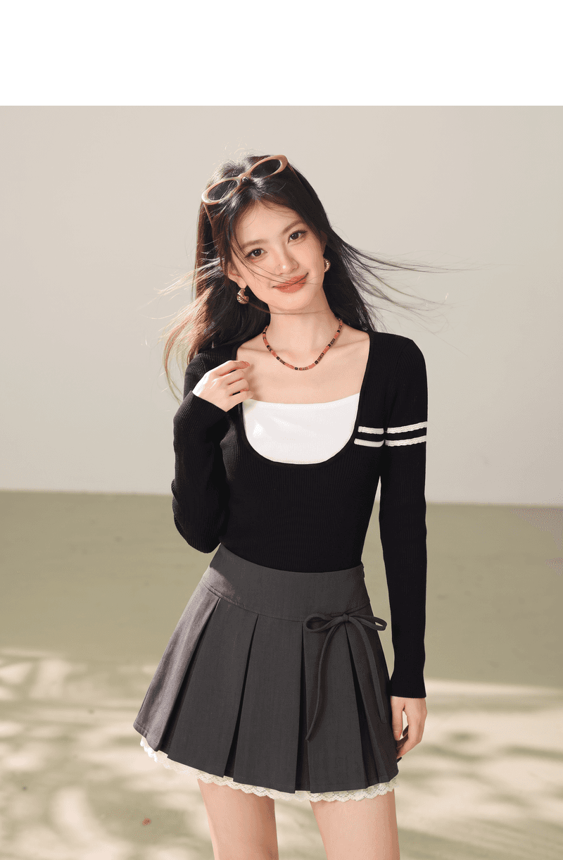 실사 패치워크 색상 낮은 네크라인 니트 스웨터 여성 26 가을 겨울 새로운 몸매 가꾸기 긴팔 분위기 센스 만나는 맨위 상세 이미지 2