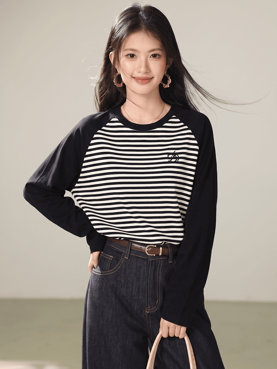 실사 다용도 배색 스트라이프 패치워크 색상 삽입 어깨 편안함 긴팔 2026 가을 루즈핏 레트로 라운드 넥 티셔츠 맨위 이미지 5