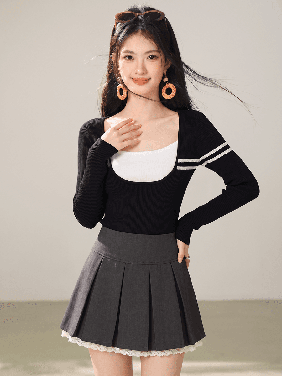 실사 패치워크 색상 낮은 네크라인 니트 스웨터 여성 26 가을 겨울 새로운 몸매 가꾸기 긴팔 분위기 센스 만나는 맨위 이미지 5