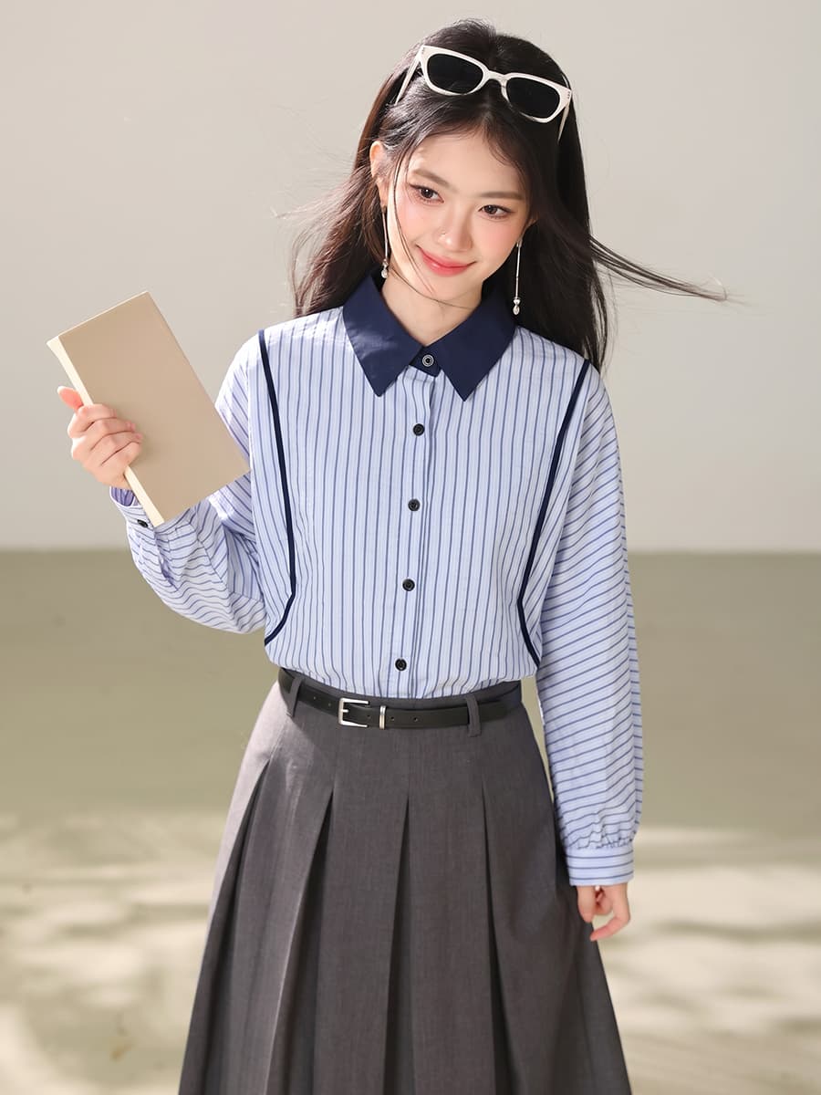 실사 2026 년 이른 가을 프랑스식 배색 스트라이프 셔츠 여성 긴 소매 폴로 칼라 루즈핏 슬림해 보이는 품격 맨위 서비스 상세 이미지 4
