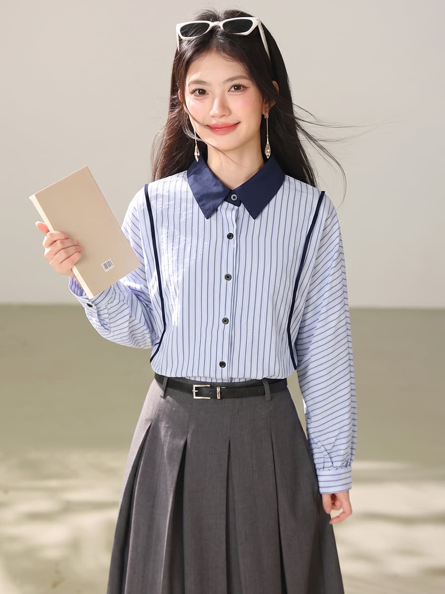 실사 2026 년 이른 가을 프랑스식 배색 스트라이프 셔츠 여성 긴 소매 폴로 칼라 루즈핏 슬림해 보이는 품격 맨위 서비스 상세 이미지 5