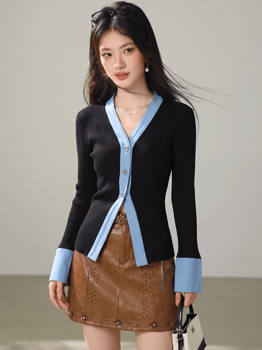 실사 디자인 센스 패치워크 색상 V넥 범프 소매 니트 오픈 가디건 여성 가을 허리 수축 몸매 가꾸기 스웨터 만나는 맨위 이미지 4
