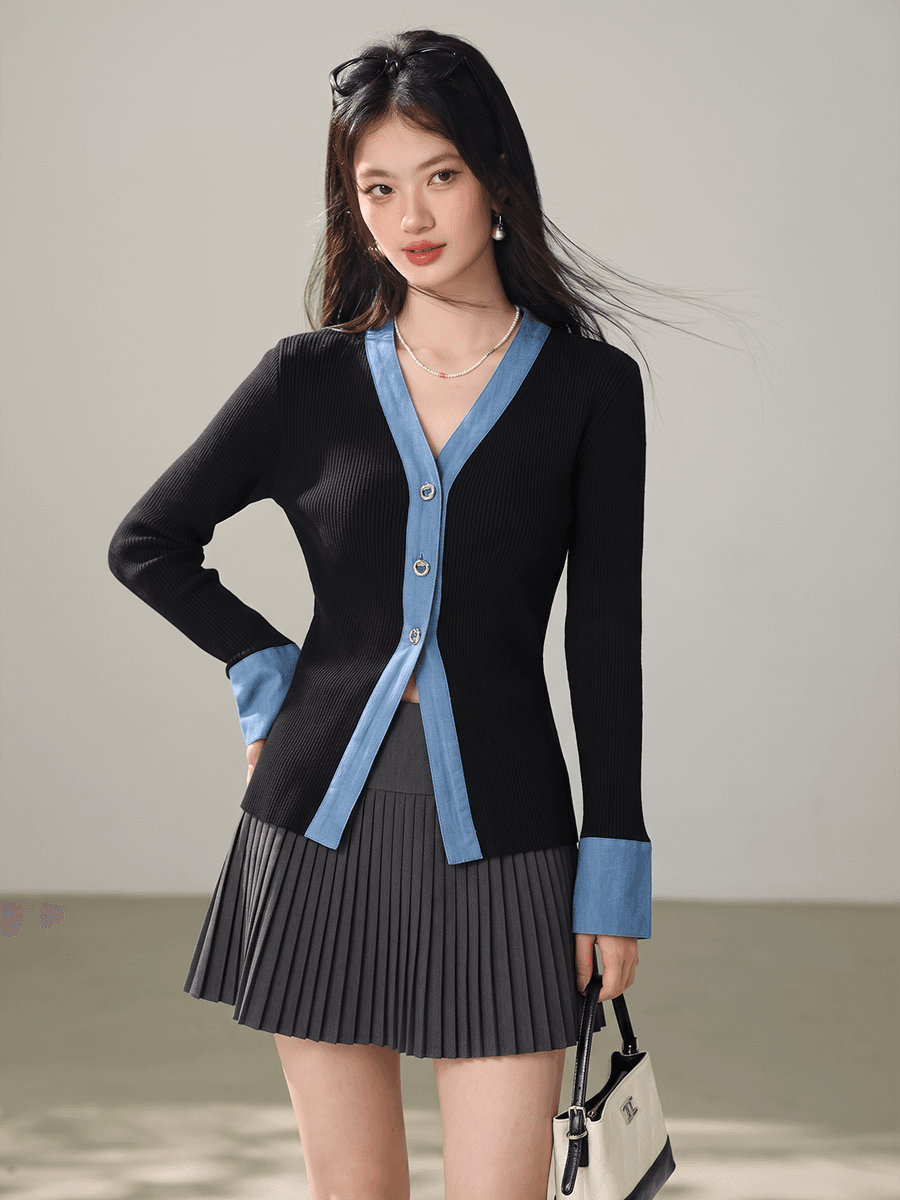 실사 디자인 센스 패치워크 색상 V넥 범프 소매 니트 오픈 가디건 여성 가을 허리 수축 몸매 가꾸기 스웨터 만나는 맨위 이미지 5