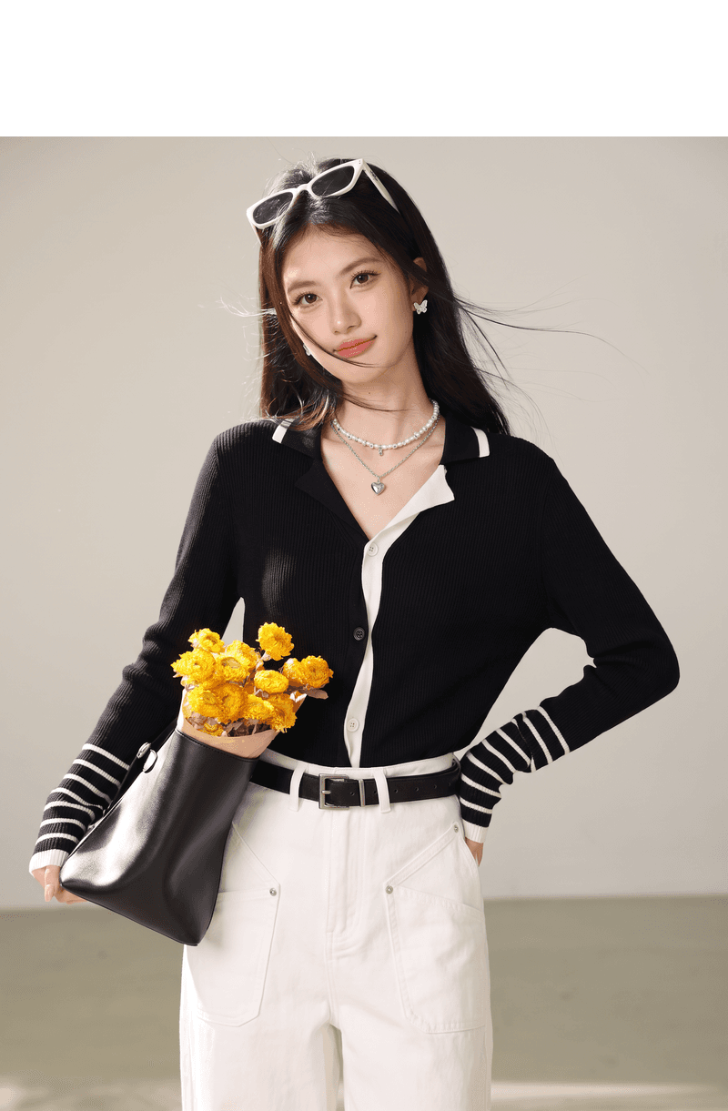 실사 고급 센스 흑인과 백인 배색 폴로 칼라 니트 오픈 가디건 여성 가을 몸매 가꾸기 슬림해 보이는 작은 대중 기본 셔츠 상세 이미지 3