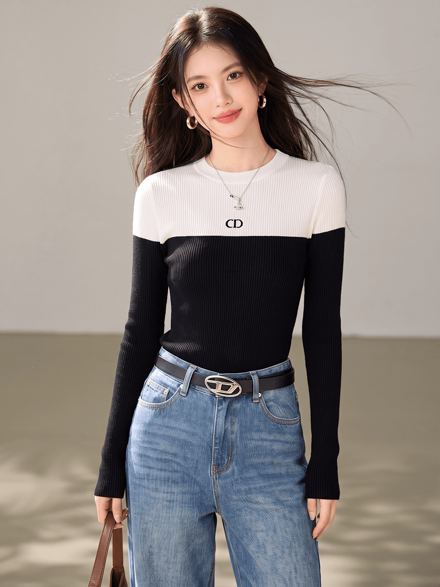 실사 가을 인사이드 가져 가라. 디자인 센스 작은 대중 몸매 가꾸기 긴팔 니트 여성 셔츠 패치워크 색상 슬림해 보이는 스웨터 이미지 4
