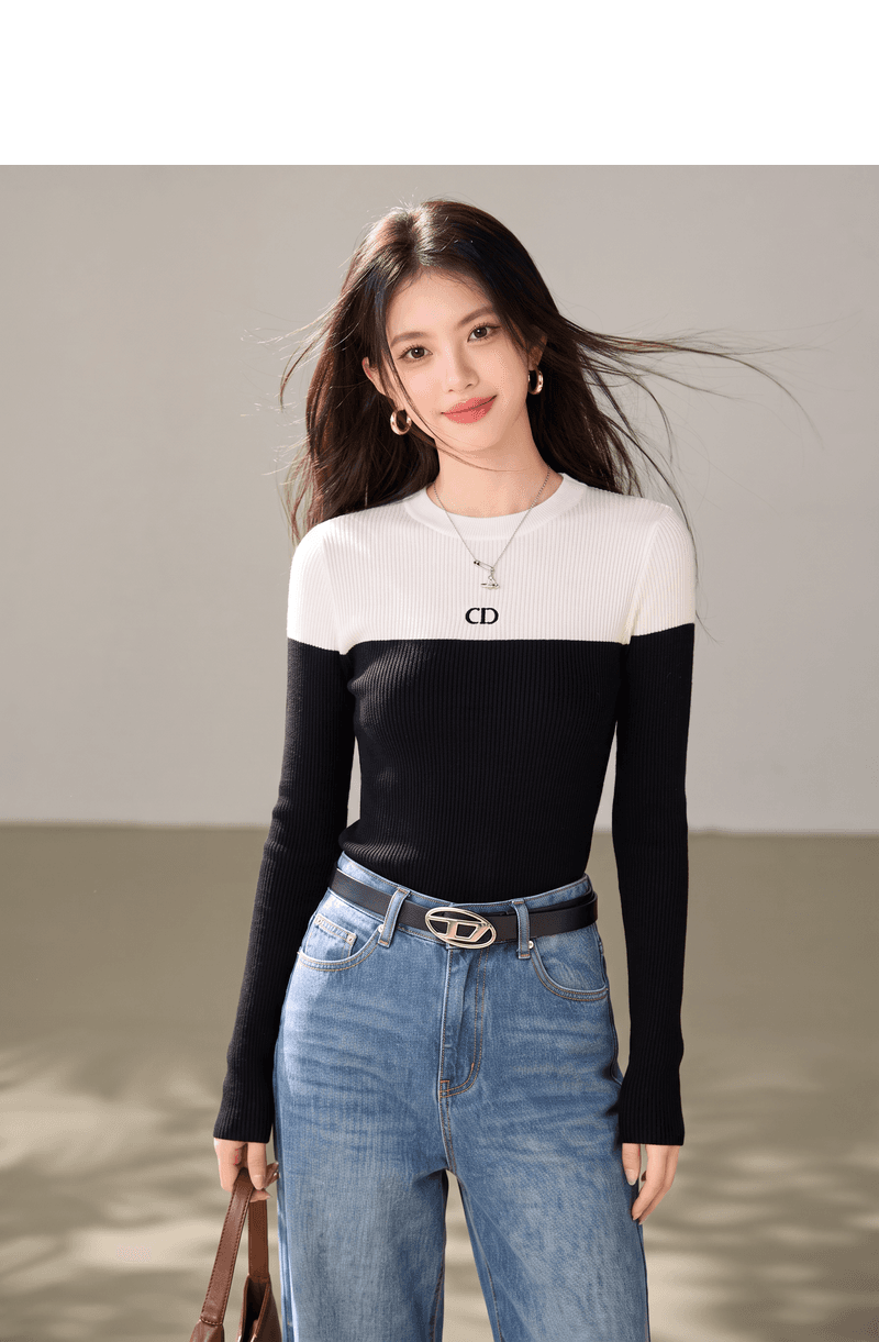 실사 가을 인사이드 가져 가라. 디자인 센스 작은 대중 몸매 가꾸기 긴팔 니트 여성 셔츠 패치워크 색상 슬림해 보이는 스웨터 상세 이미지 4