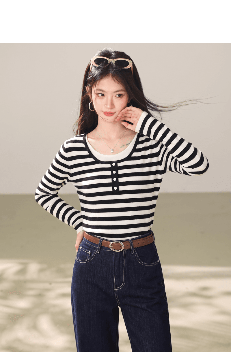 실사 스트라이프 페이크 레이어드 패치워크 긴팔 여성 이른 가을 외출용 자이언트 잘 생긴 한 부서 스웨터 몸매 가꾸기 맨위 상세 이미지 3