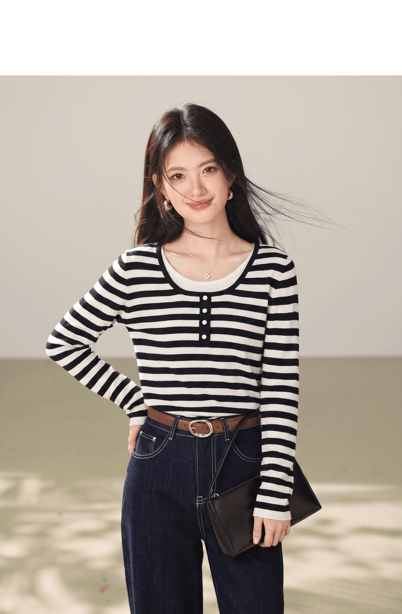 실사 스트라이프 페이크 레이어드 패치워크 긴팔 여성 이른 가을 외출용 자이언트 잘 생긴 한 부서 스웨터 몸매 가꾸기 맨위 상세 이미지 4