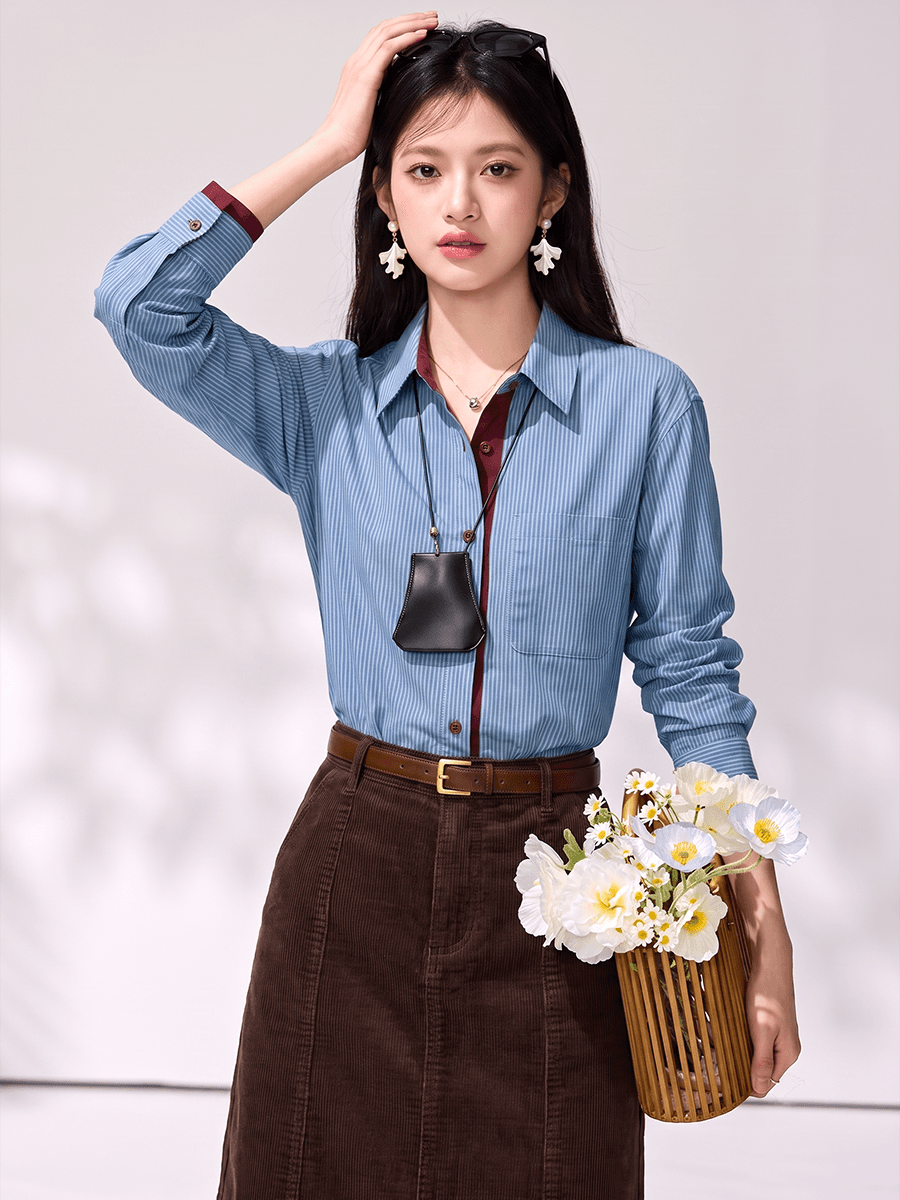 실사 프랑스식 디자인 센스 배색 스트라이프 여성 셔츠 가을 새로운 캐주얼 품격 스택 착용 긴팔 맨위 이미지 3