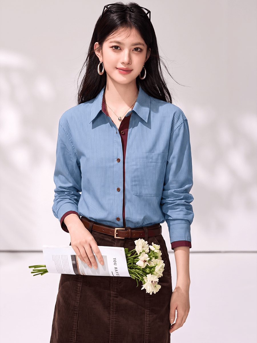 실사 프랑스식 디자인 센스 배색 스트라이프 여성 셔츠 가을 새로운 캐주얼 품격 스택 착용 긴팔 맨위 이미지 4