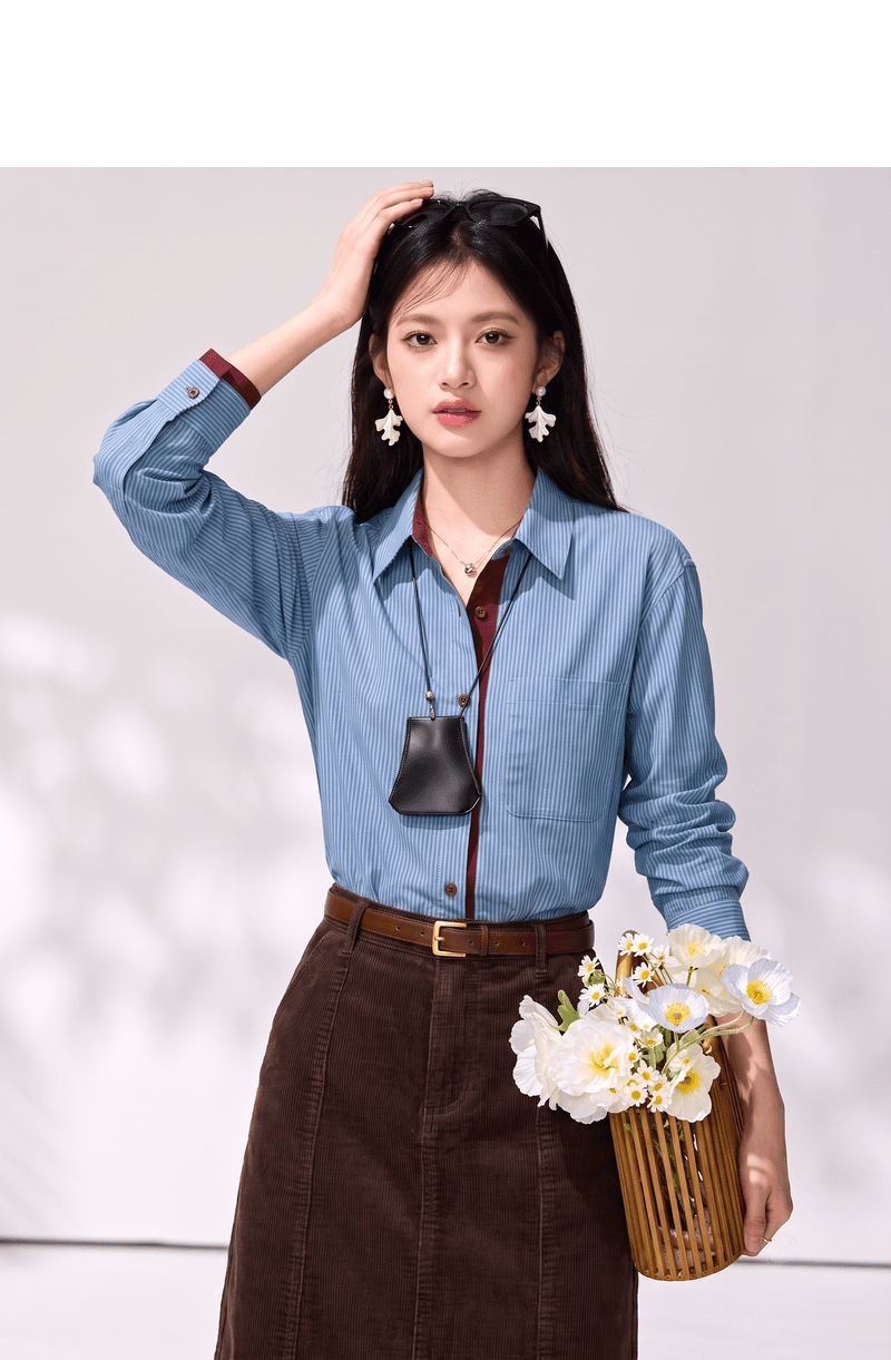실사 프랑스식 디자인 센스 배색 스트라이프 여성 셔츠 가을 새로운 캐주얼 품격 스택 착용 긴팔 맨위 상세 이미지 3