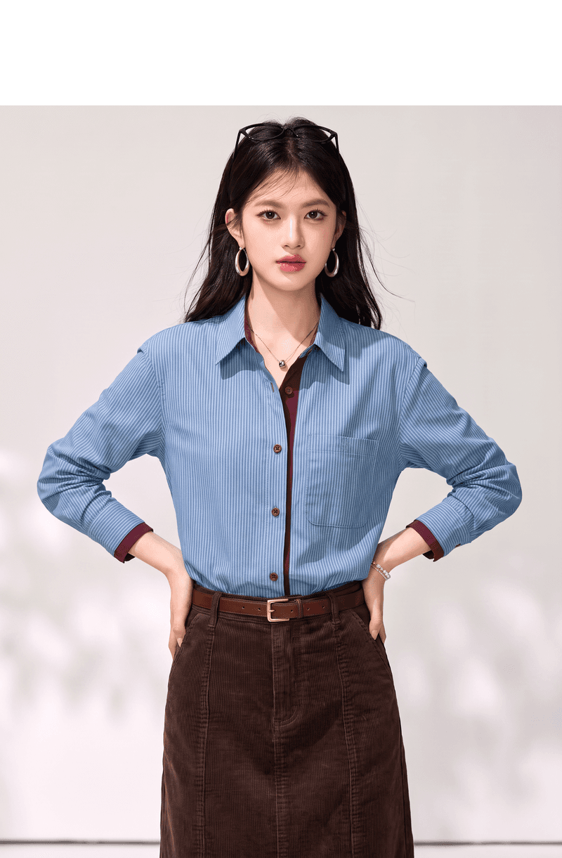 실사 프랑스식 디자인 센스 배색 스트라이프 여성 셔츠 가을 새로운 캐주얼 품격 스택 착용 긴팔 맨위 상세 이미지 4