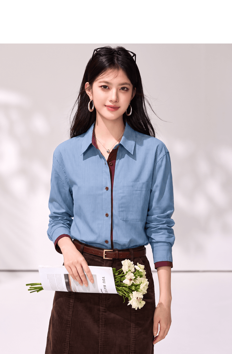 실사 프랑스식 디자인 센스 배색 스트라이프 여성 셔츠 가을 새로운 캐주얼 품격 스택 착용 긴팔 맨위 상세 이미지 5