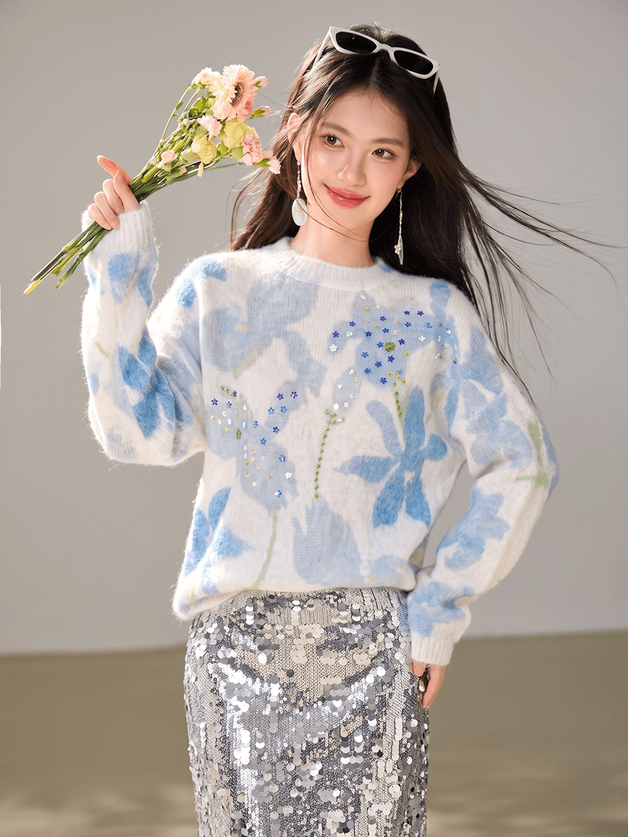 실사 있음 2026 년 가을 디자인 센스 창의성 비즈 박기 라운드 넥 풀오버 슬림해 보이는 긴팔 니트 스웨터 맨위 이미지 5