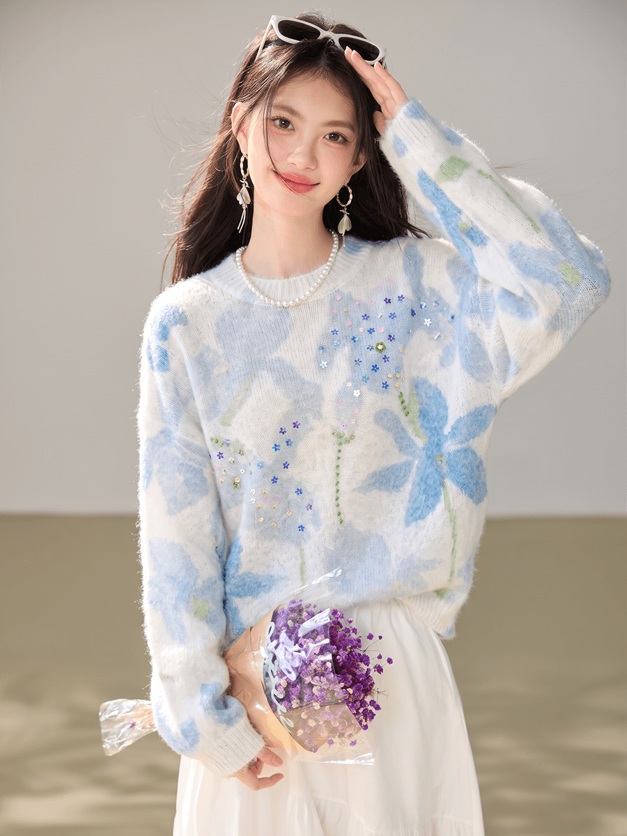 실사 있음 2026 년 가을 디자인 센스 창의성 비즈 박기 라운드 넥 풀오버 슬림해 보이는 긴팔 니트 스웨터 맨위 이미지 3