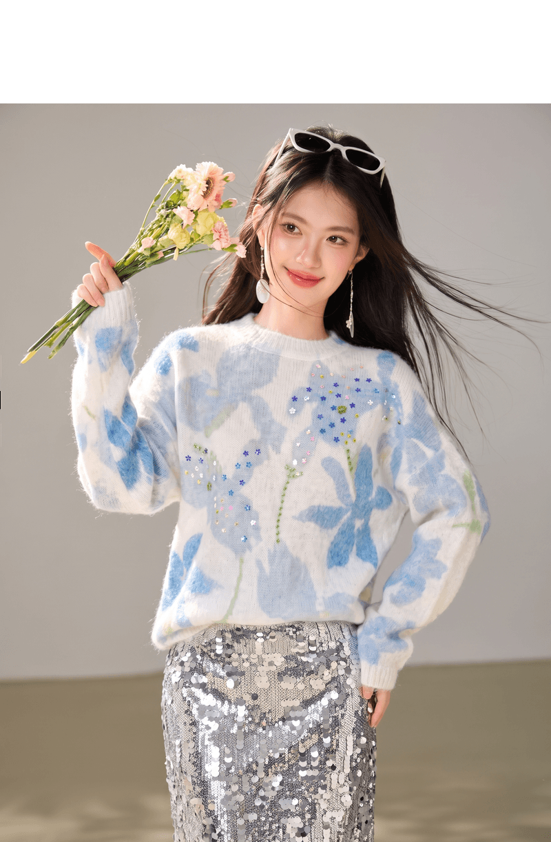 실사 있음 2026 년 가을 디자인 센스 창의성 비즈 박기 라운드 넥 풀오버 슬림해 보이는 긴팔 니트 스웨터 맨위 상세 이미지 4