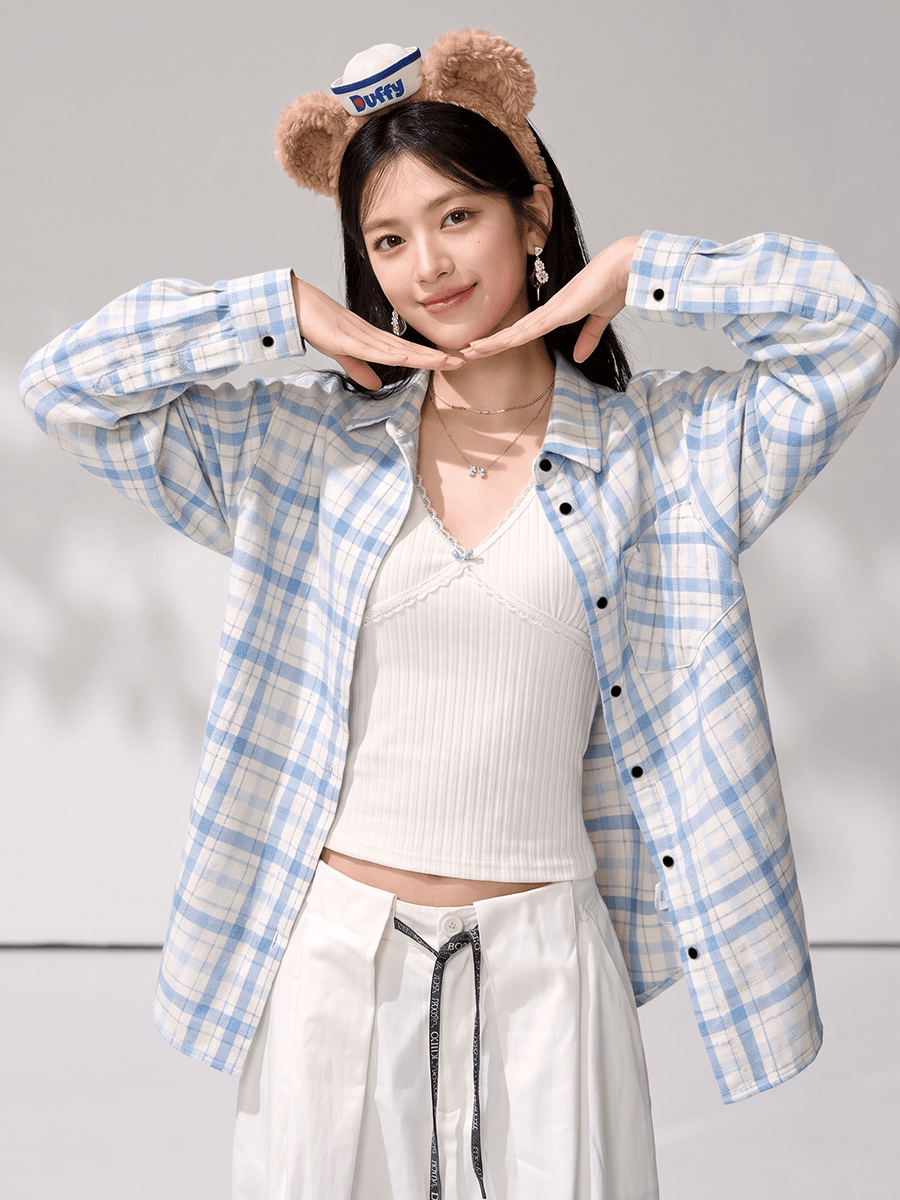 실사 한 부서 파란색 체크무늬 자외선 차단 긴팔 여성 셔츠 감기 센스 루즈핏 캐주얼 체크무늬 셔츠 이미지 2