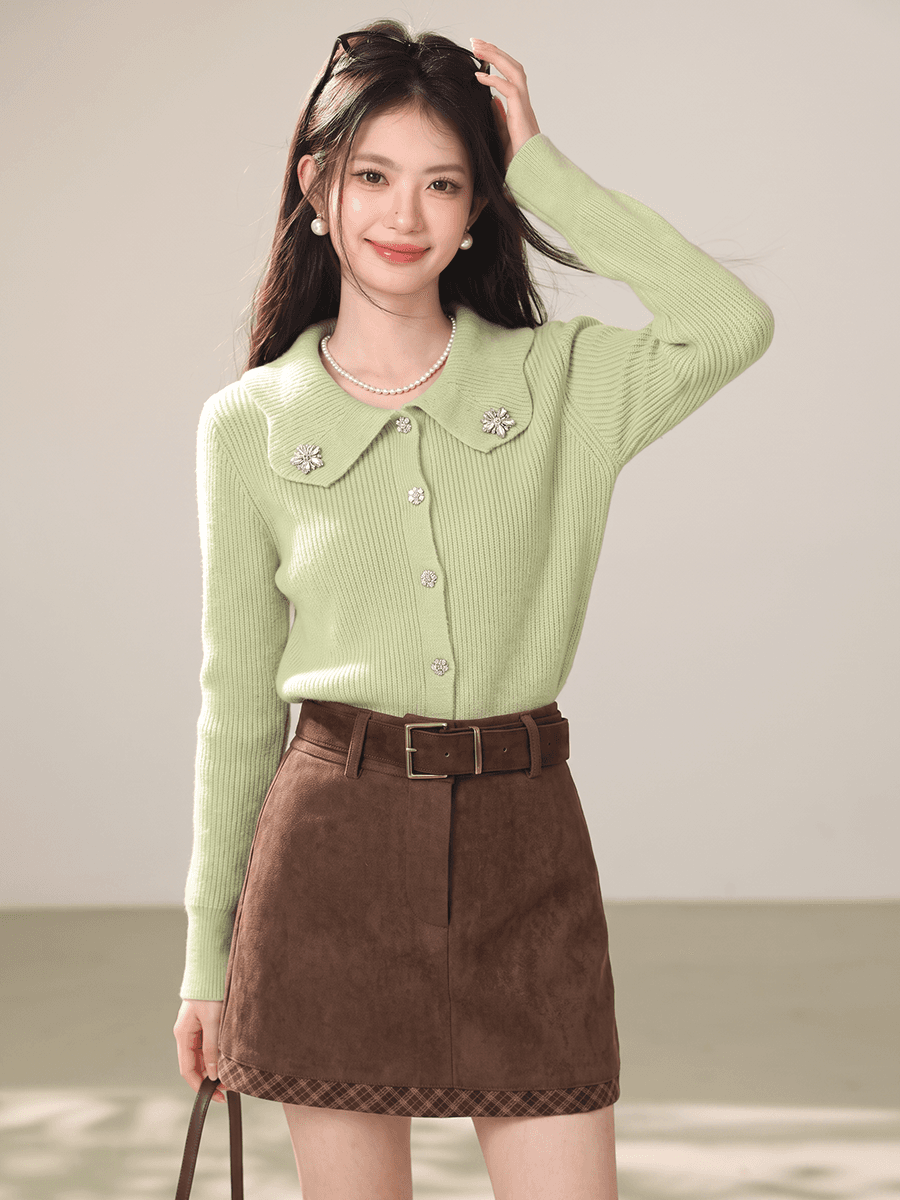 실사 부드러운 바람 한 부서 달콤함 베이비 칼라 진주 버클 니트 오픈 가디건 여성 분위기 센스 스웨터 코트 이미지 2