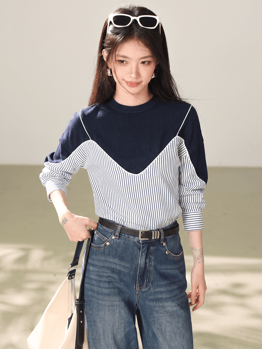 실사 스트라이프 긴팔 티셔츠 여성 로드 중 이른 가을 2026 년 새로운 페이크 레이어드 폭발 외국 가스 작은 셔츠 맨위 이미지 3