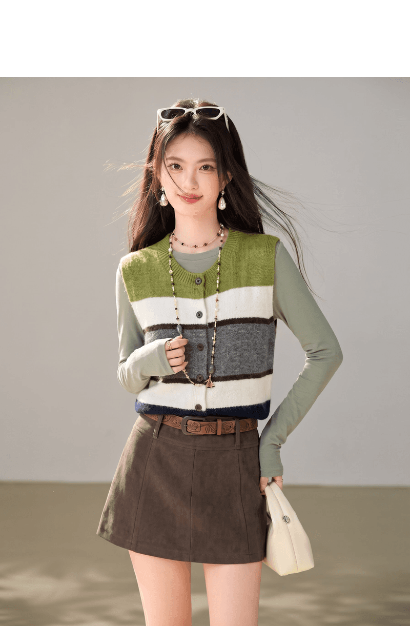 실사 레트로 미니멀리즘 다용도 슬림해 보이는 스트라이프 니트 조끼 여자 이른 가을 와이드 부드러운 찹쌀 고급 센스 맨위 상세 이미지 7