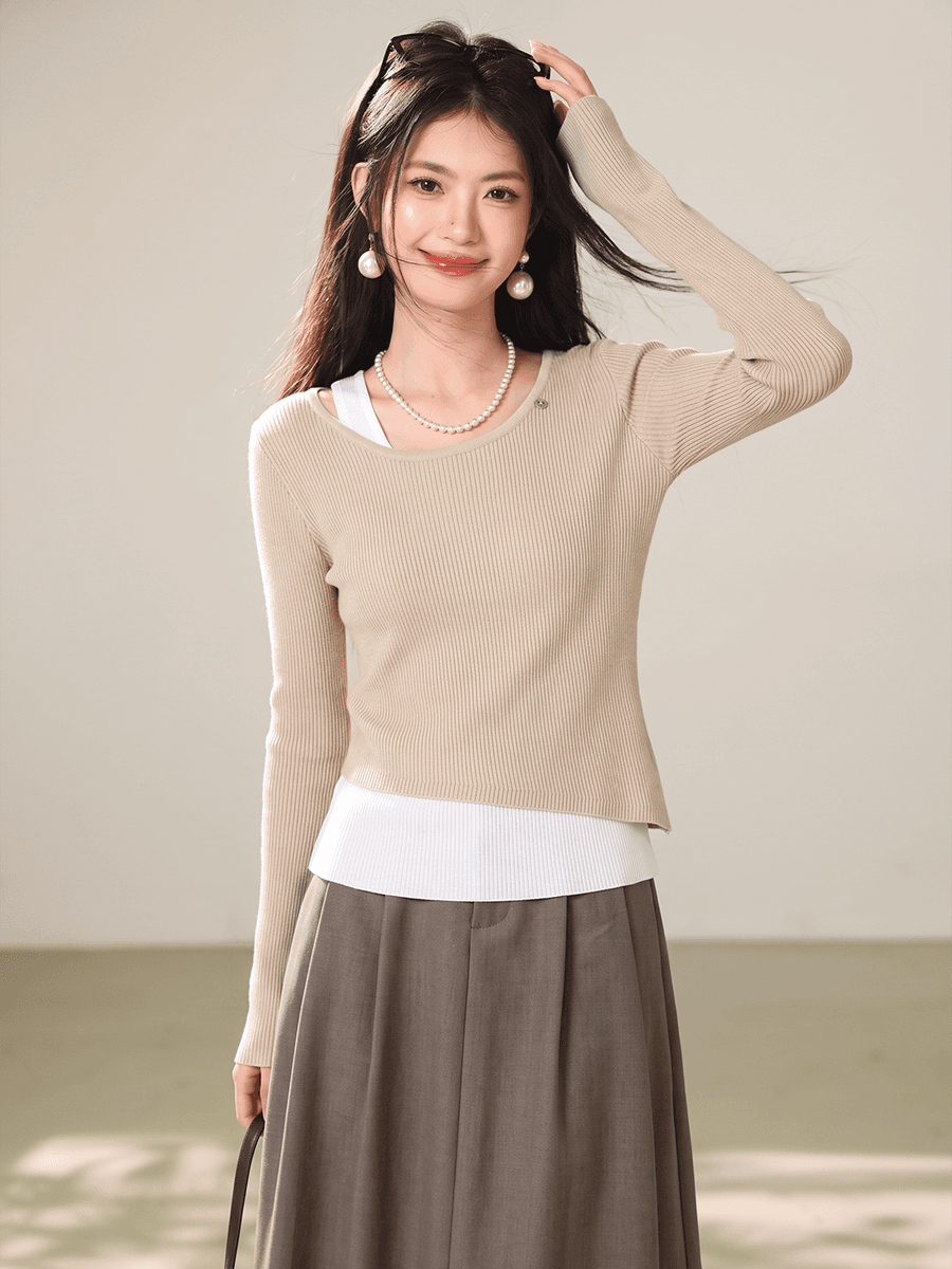 실사 페이크 레이어드 긍정적 인 어깨 긴팔 티셔츠 여성 조기 가을 몸매 가꾸기 슬림해 보이는 쇼트 스타일 인사이드 가져 가라. 기본 셔츠 맨위 이미지 2