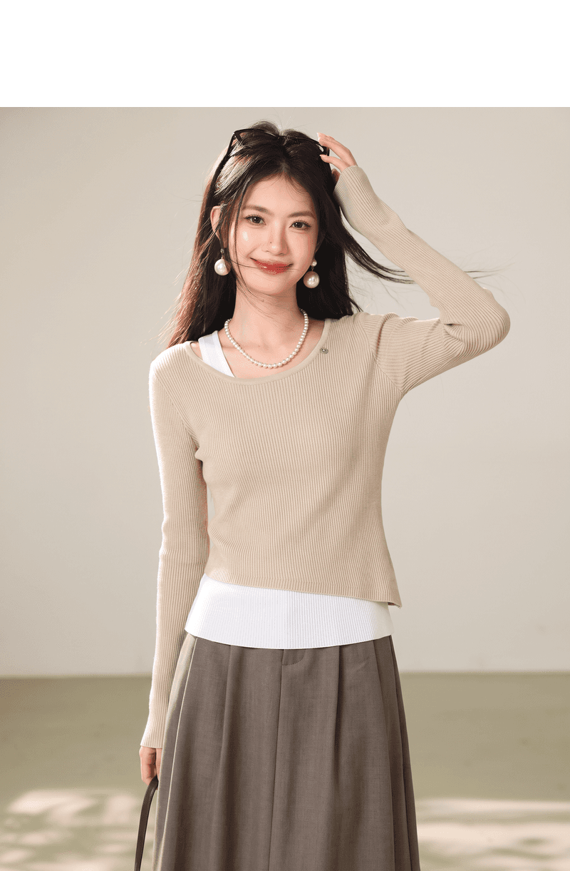 실사 페이크 레이어드 긍정적 인 어깨 긴팔 티셔츠 여성 조기 가을 몸매 가꾸기 슬림해 보이는 쇼트 스타일 인사이드 가져 가라. 기본 셔츠 맨위 상세 이미지 2