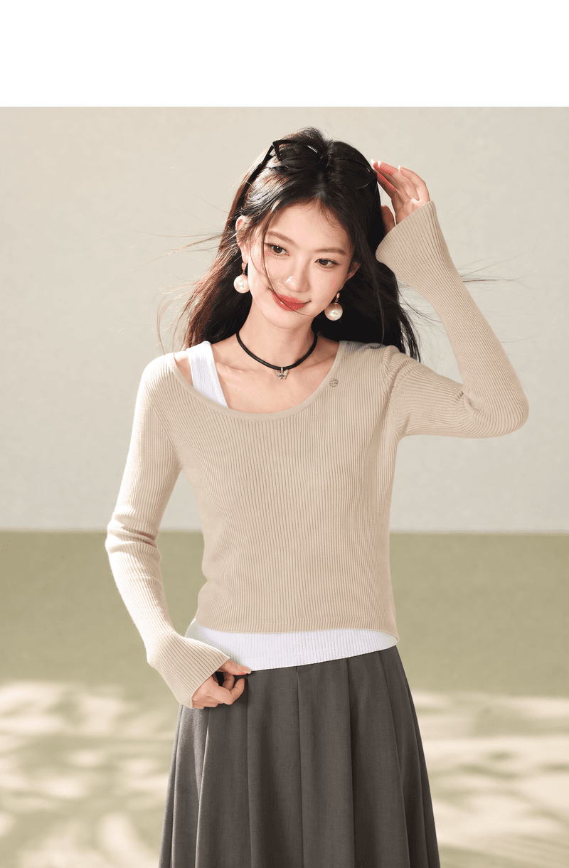 실사 페이크 레이어드 긍정적 인 어깨 긴팔 티셔츠 여성 조기 가을 몸매 가꾸기 슬림해 보이는 쇼트 스타일 인사이드 가져 가라. 기본 셔츠 맨위 상세 이미지 5