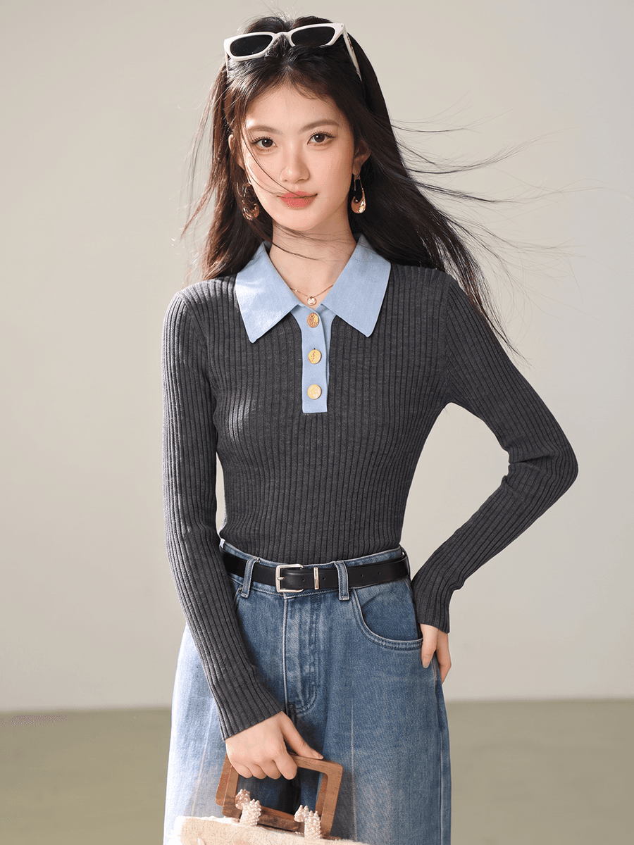 실사 한 부서 고급 센스 배색 POLO 칼라 긴팔 니트 스웨터 여성 이른 가을 새로운 인사이드 가져 가라. 몸매 가꾸기 맨위 이미지 4