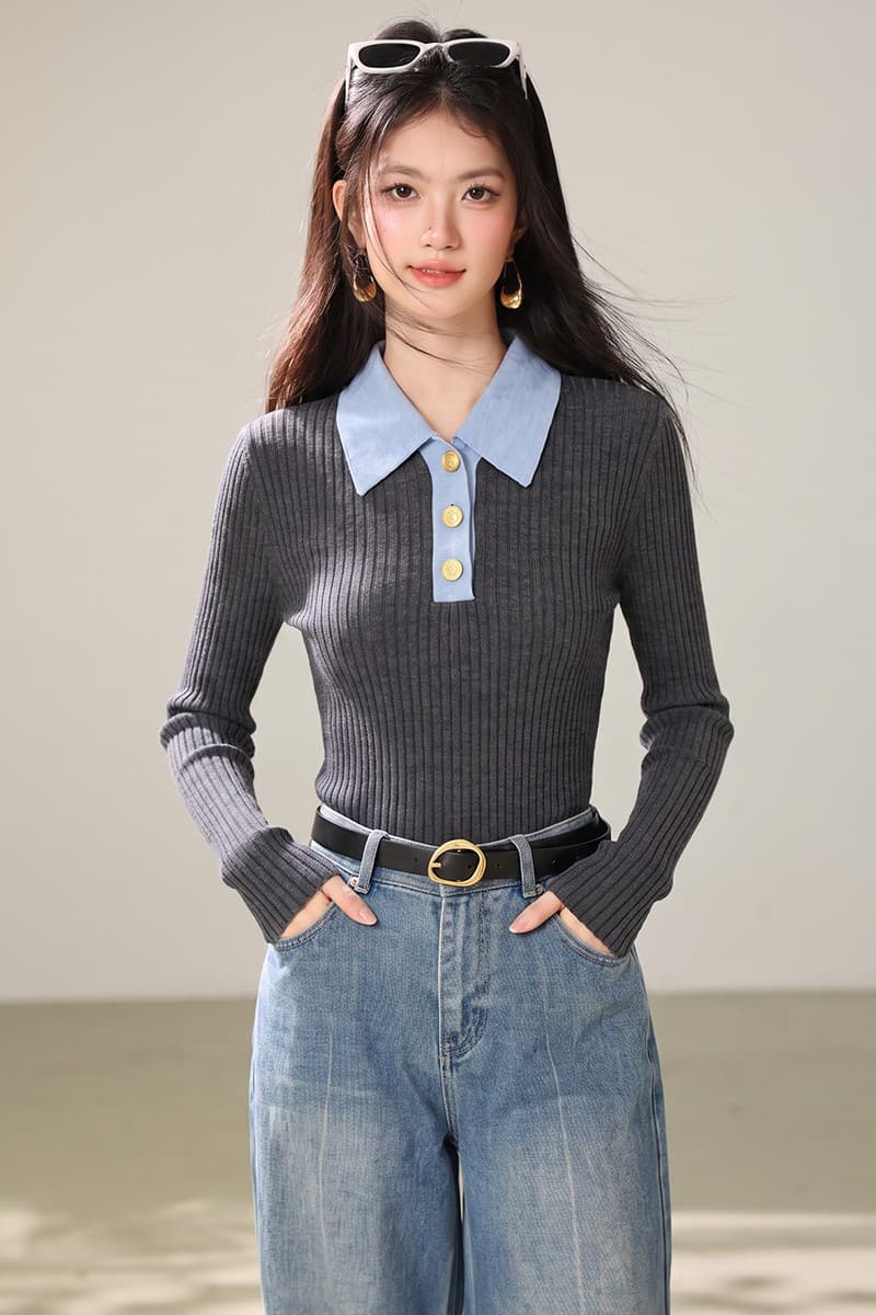 실사 한 부서 고급 센스 배색 POLO 칼라 긴팔 니트 스웨터 여성 이른 가을 새로운 인사이드 가져 가라. 몸매 가꾸기 맨위 이미지 7