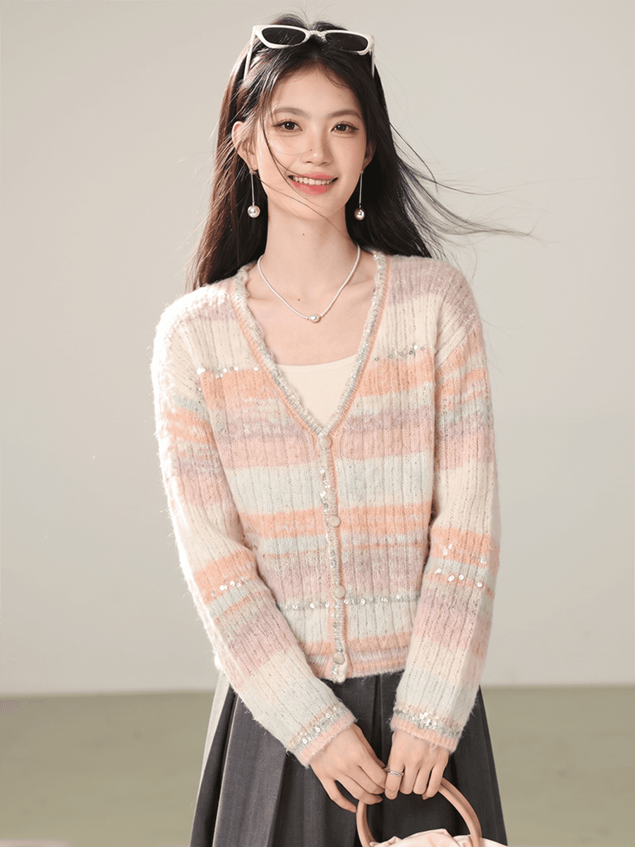 실사 부드러운 느긋한 바람 빛 럭셔리 슬림해 보이는 2026 년 가을 새로운 고유 한 그라데이션 배색 V넥 긴팔 이미지 5